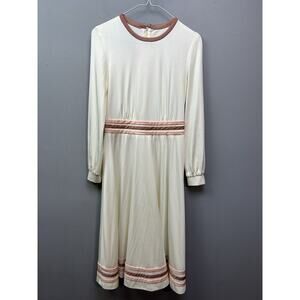 Vintage mod Cirette Dress Womens Small Modest Midi Cream Stripe‎ California